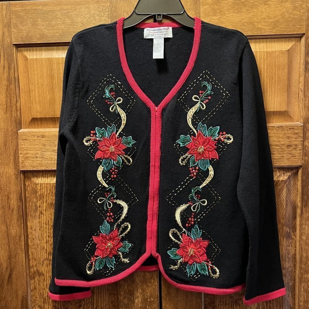 Christmas Cardigan Heirloom Collectibles Collection LS‎ Poinsettia PL EUC